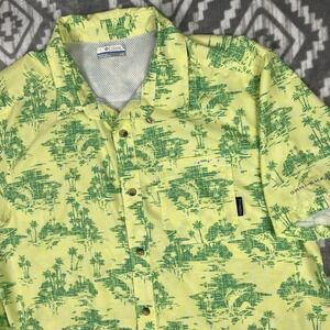 Columbia PFG Super Slack Tide Camp Shirt Men L Green Fishing Ocean Palm Tree AOP